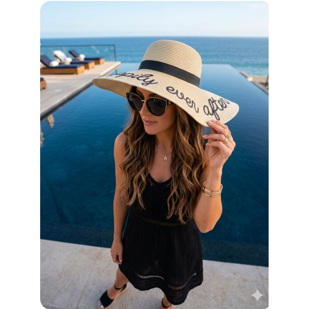 Happily Ever After Embroidered Straw Sun Hat Wide Brim Floppy Beach Hat Tan